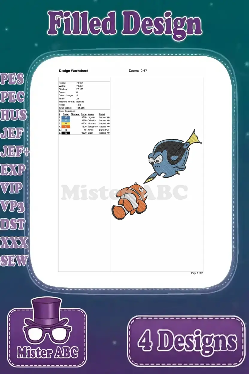 Design worksheet for the second Dory and Nemo filled embroidery, detailing stitches, colors, and dimensions.