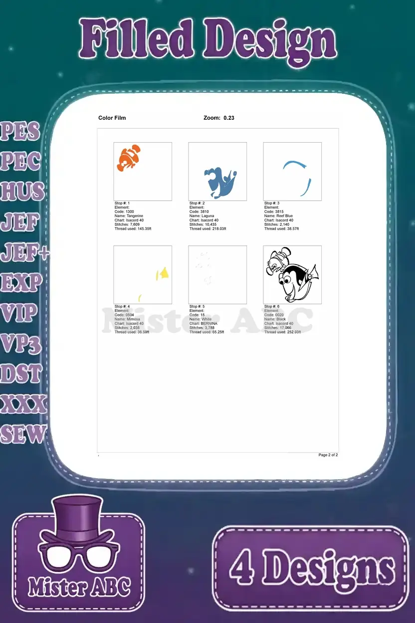 Color film for the third Dory and Nemo filled embroidery design, illustrating the individual color layers.