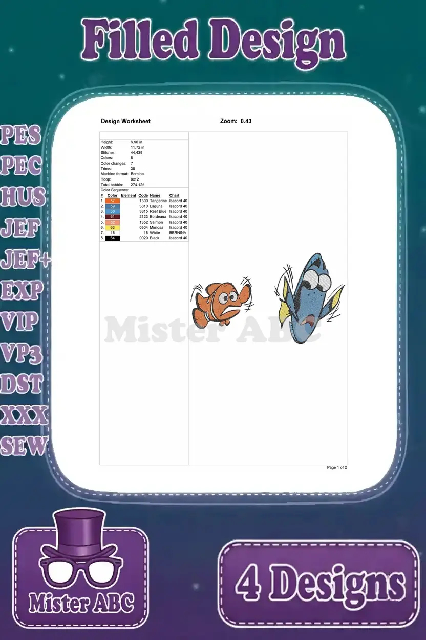 Design worksheet for the fourth Dory and Nemo filled embroidery, detailing stitches, colors, and dimensions.