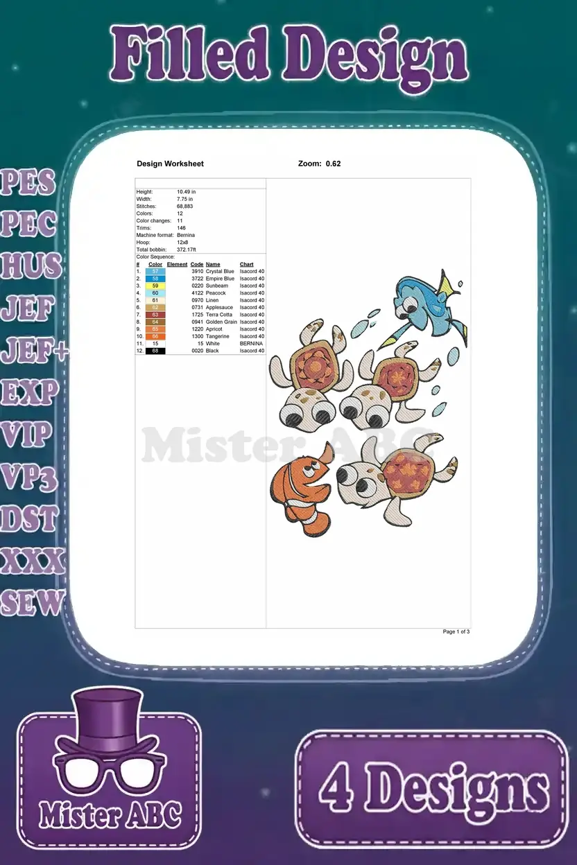 Detailed embroidery design worksheet for the multi-character "Finding Nemo" scene, showing stitch count and colors.