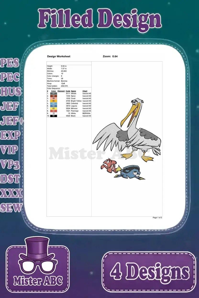 Detailed design worksheet for the Gerald, Dory, and Marlin embroidery, showing stitch count, colors, and hoop size.