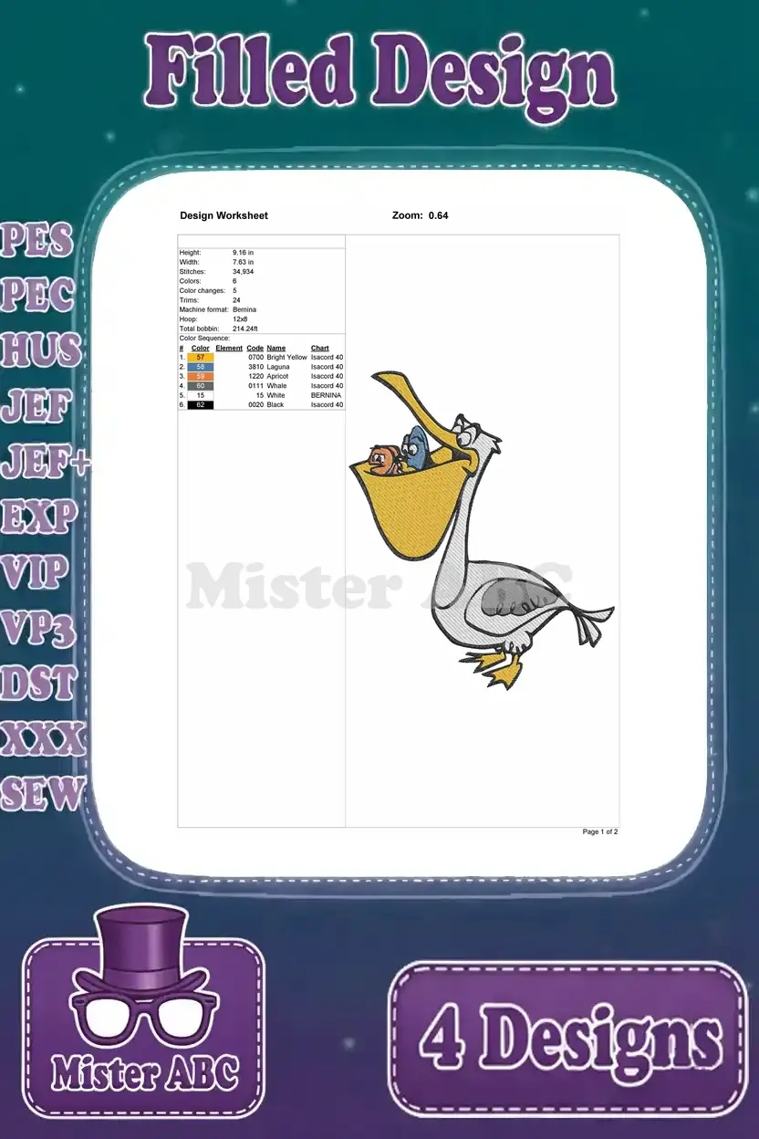 Worksheet for the Gerald with Dory and Marlin in his beak embroidery, detailing stitch counts and colors.