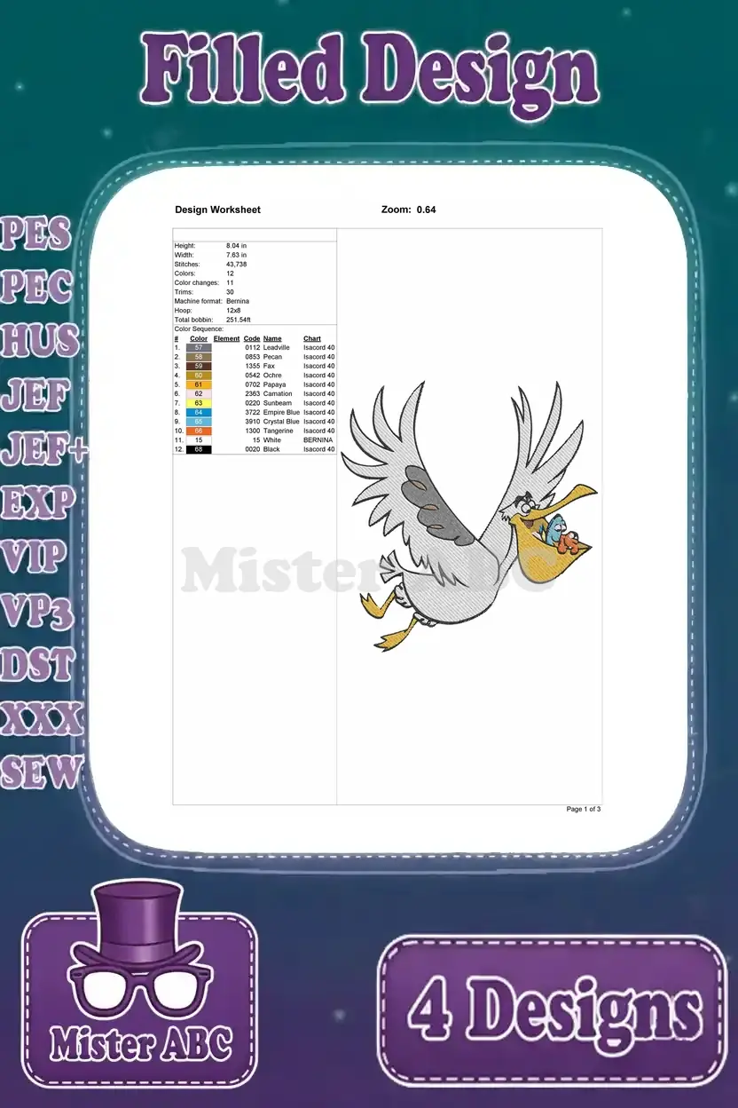 Worksheet for the flying Gerald with Dory and Marlin in his beak design, with detailed stitch information.