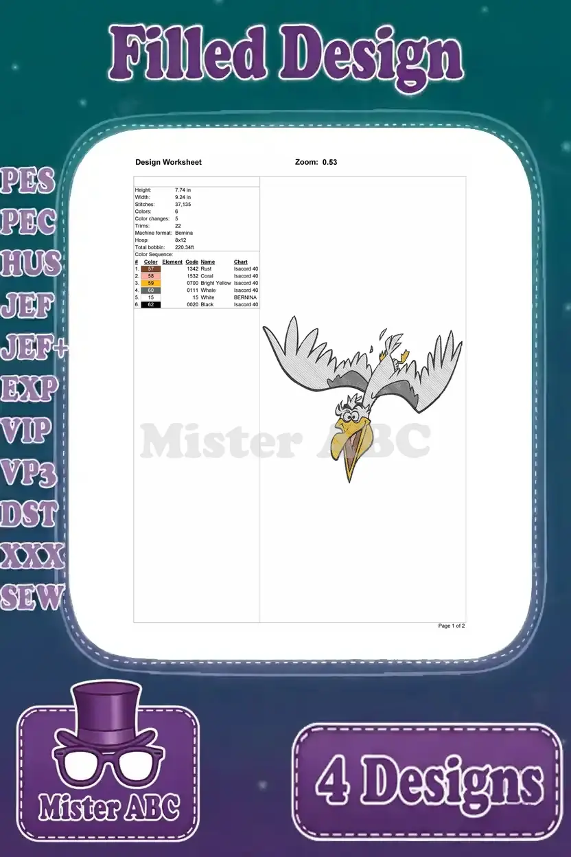 Worksheet for the surprised flying Gerald design, detailing stitch count, colors, and hoop compatibility.