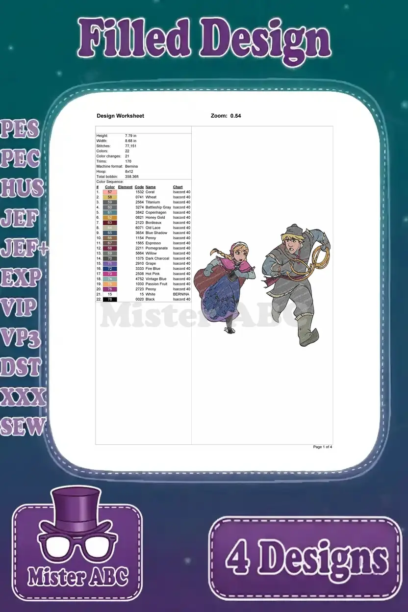 Detailed design worksheet for the first Anna and Kristoff running embroidery, showing dimensions, stitch count, and color chart.