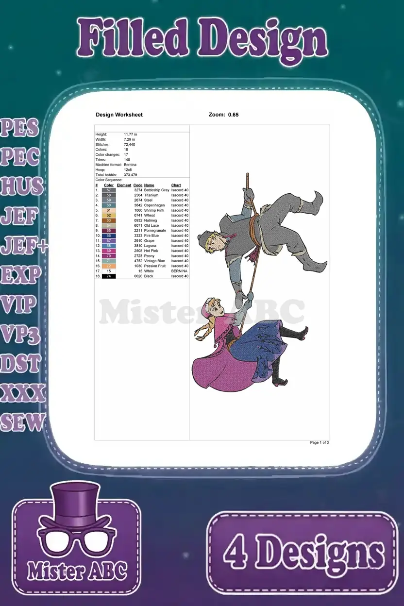 Detailed design worksheet for the second Anna and Kristoff hanging from rope embroidery, showing dimensions, stitch count.