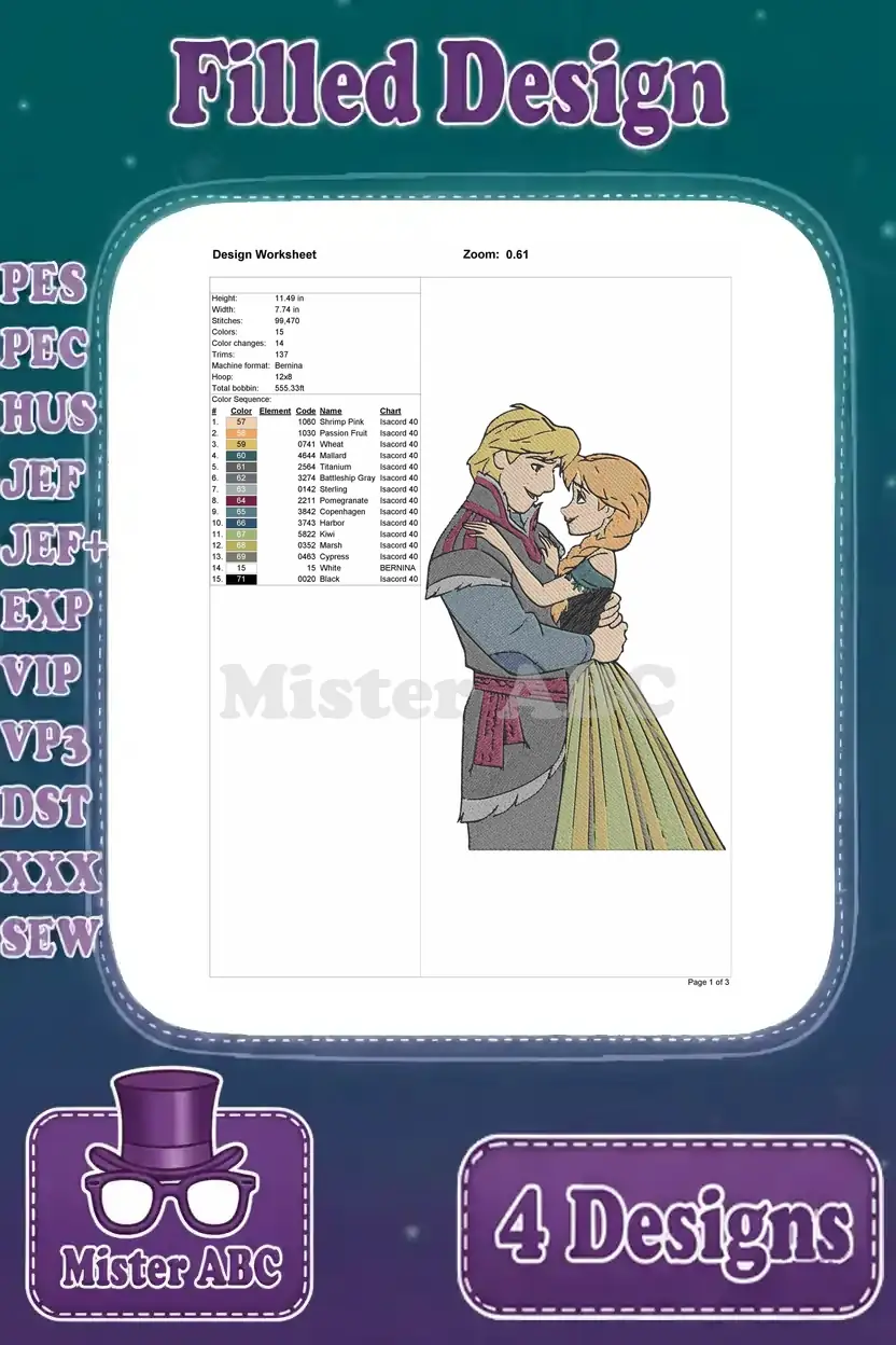 Detailed design worksheet for the third Anna and Kristoff embracing (left) embroidery, showing dimensions and stitch count.