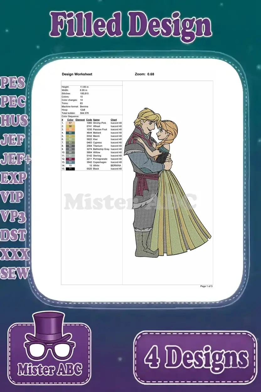 Detailed design worksheet for the fourth Anna and Kristoff embracing (right) embroidery, showing dimensions and stitch count.