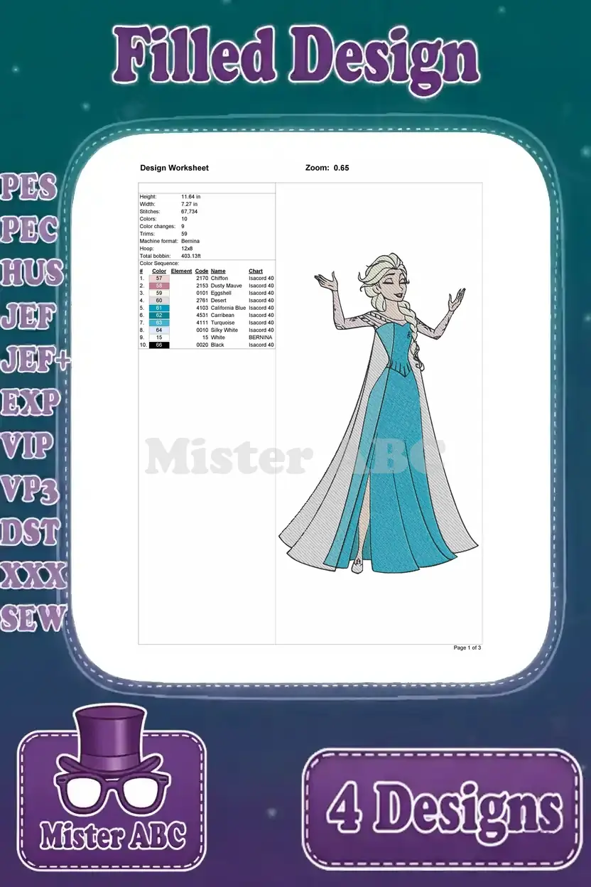 Detailed embroidery worksheet for a standing Elsa design, showing stitch count, color sequence, and dimensions.