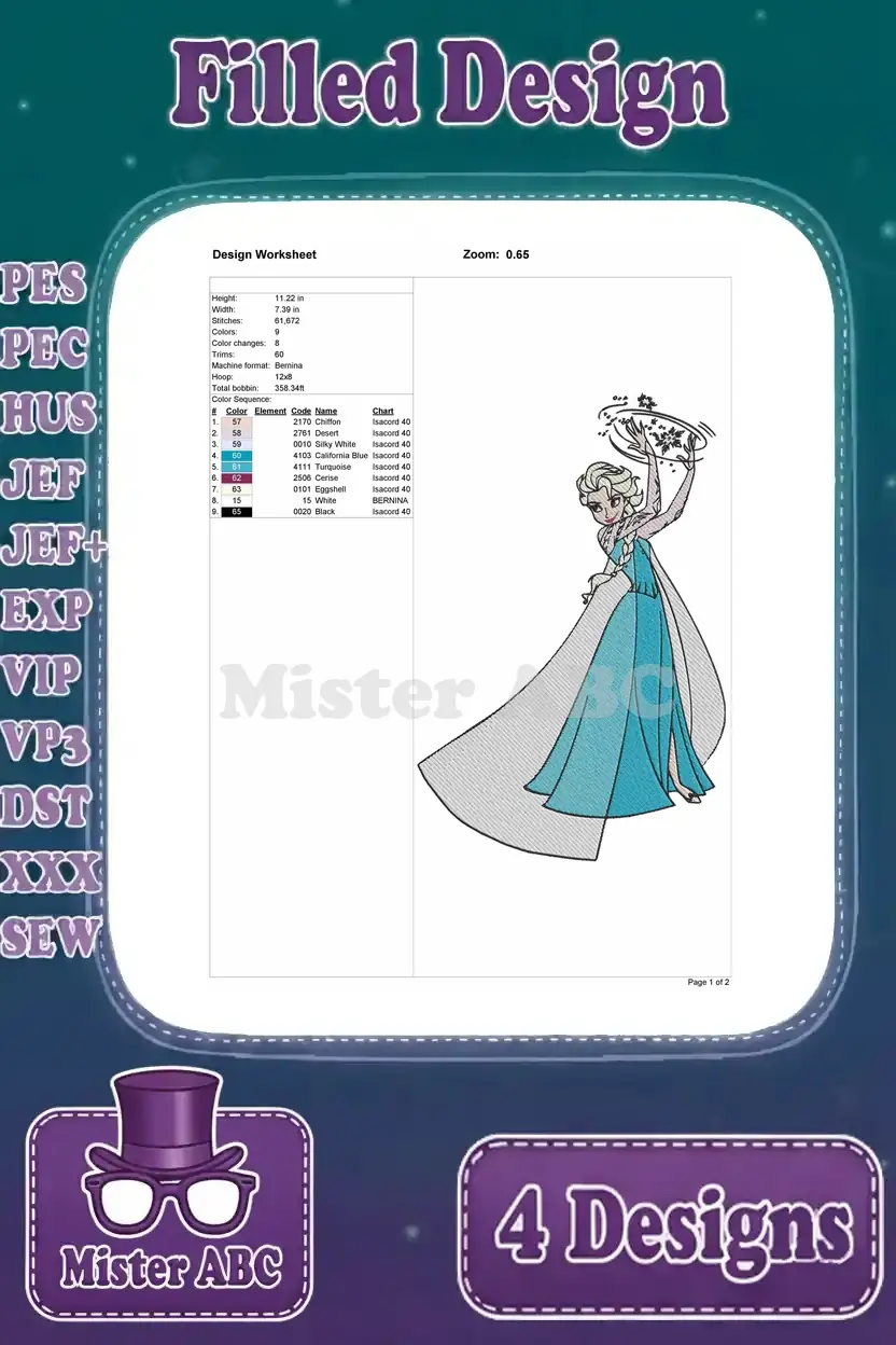 Comprehensive embroidery worksheet for Elsa casting a spell, detailing stitches, colors, and design specifications.