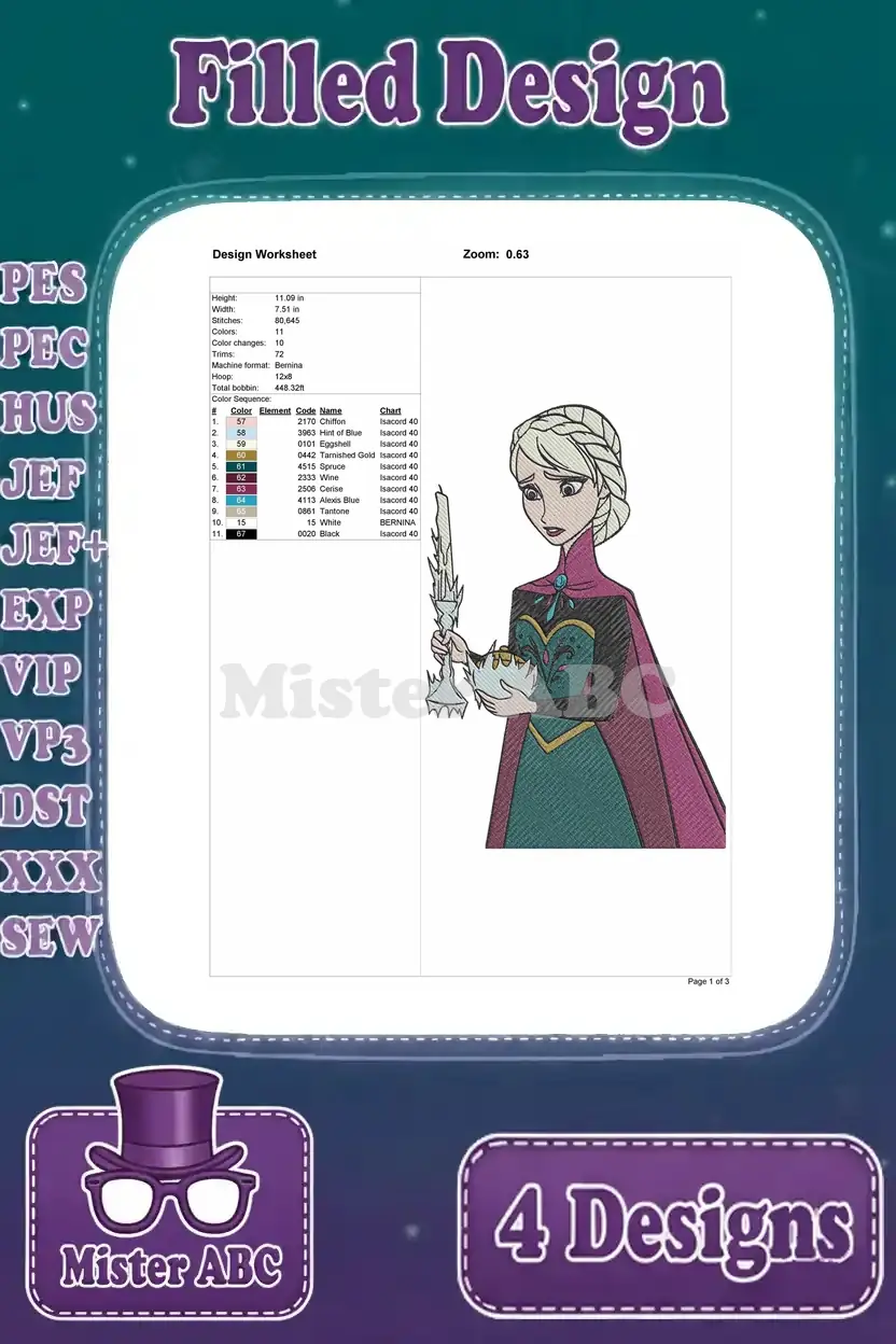 Detailed design worksheet for Elsa holding a candelabra, showing thread colors, stitch count, and dimensions.
