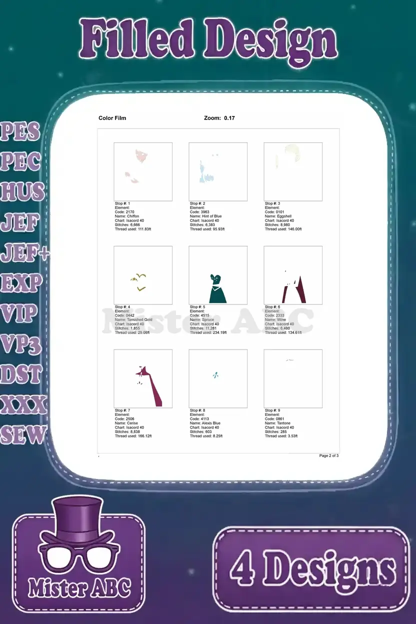 Color film progress for the Elsa with candelabra design, showing early stitch stops and thread segments.