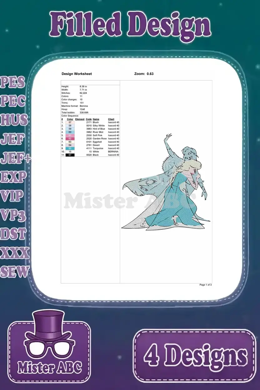 Design worksheet for Elsa using ice powers, detailing stitch count, dimensions, and necessary thread colors.