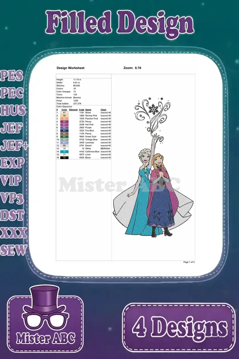 Detailed design worksheet for the first Elsa and Anna embroidery pattern, showing stitch count and color sequence.