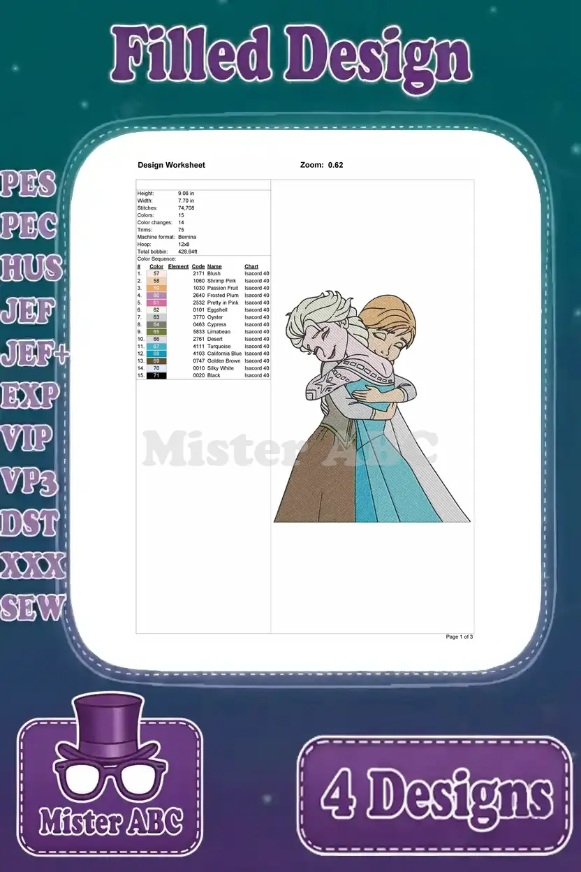 Design worksheet for the second Elsa and Anna embroidery pattern, featuring a warm embrace and stitch data.