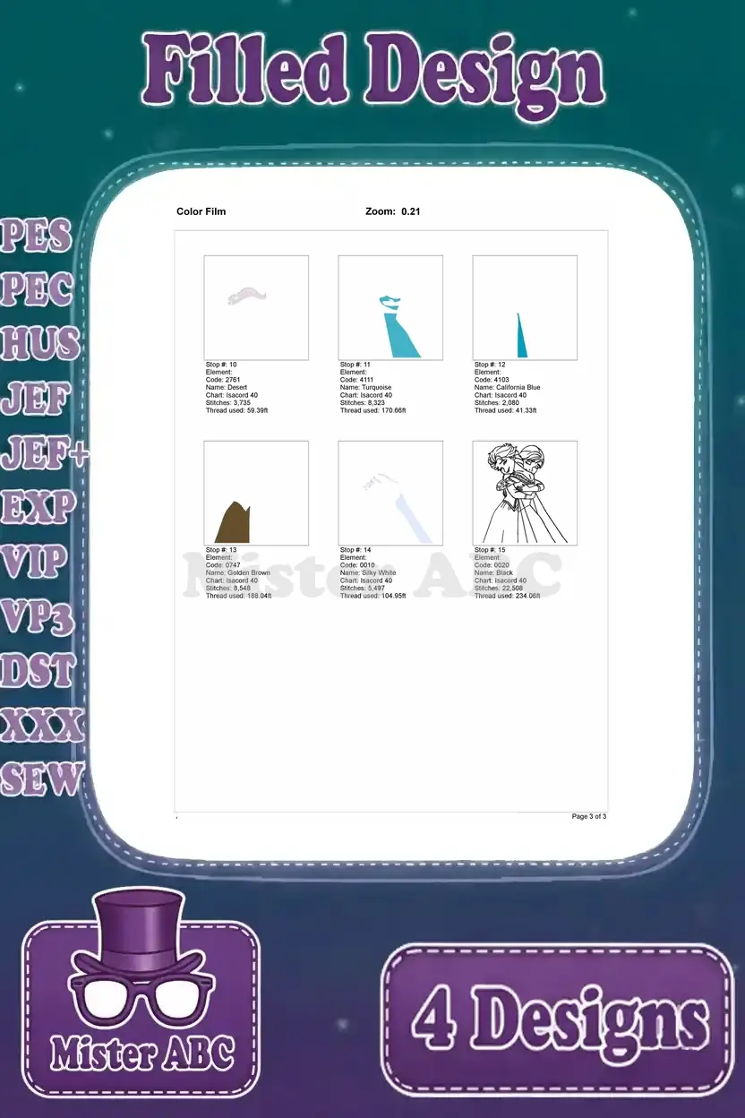 Further color film pages for the Elsa and Anna hugging embroidery design, detailing subsequent thread changes.