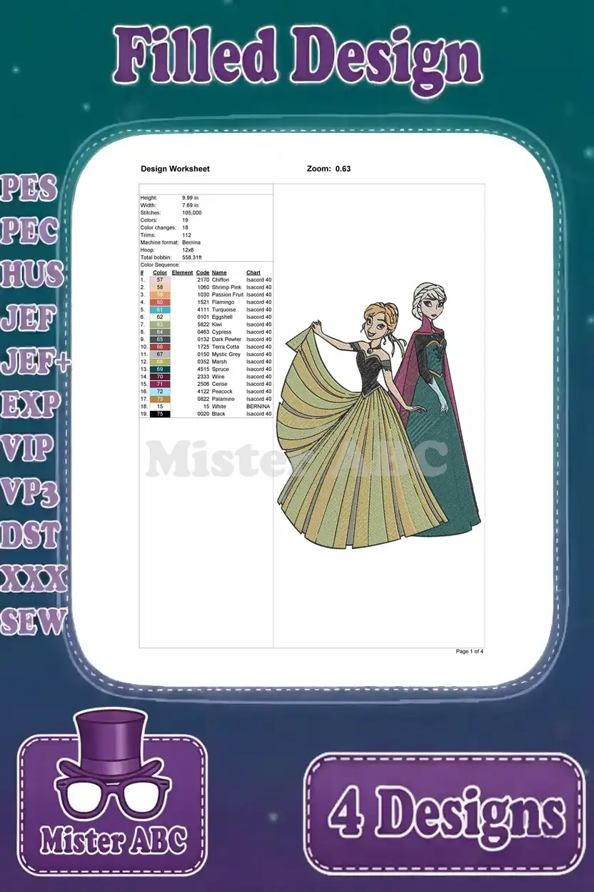 Design worksheet for the third Elsa and Anna embroidery pattern, featuring Anna dancing and Elsa watching.