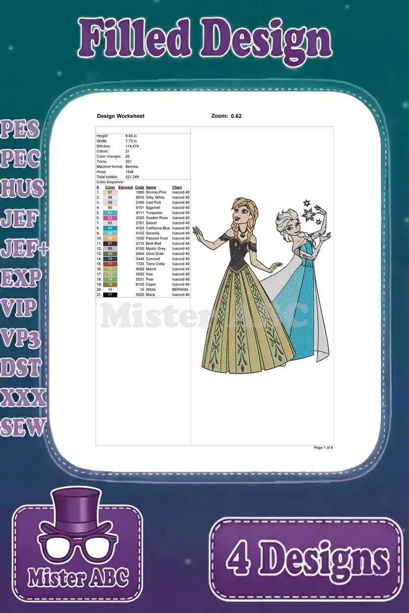 Detailed design worksheet for Anna and Elsa embroidery, showing stitch count, color changes, and thread codes.
