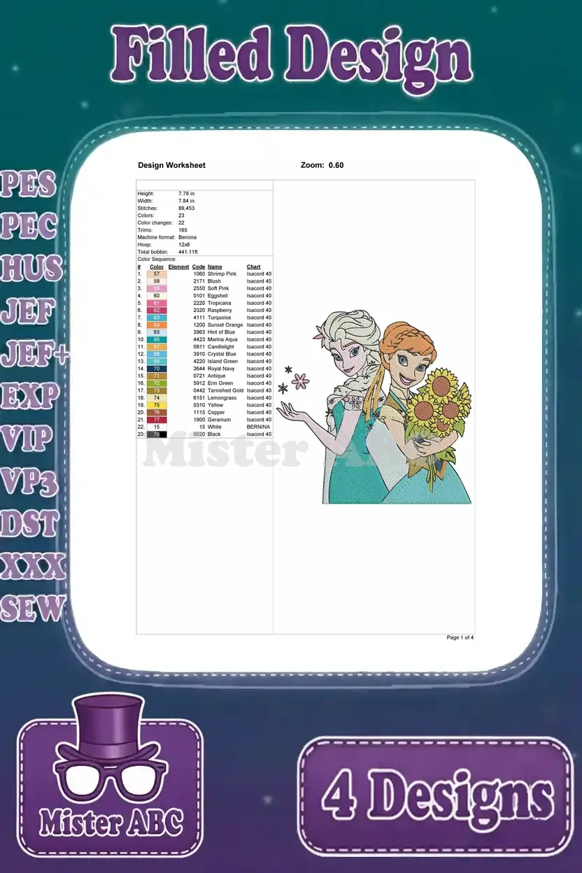 Design worksheet for Anna and Elsa with sunflowers embroidery, listing size, stitch count, and thread colors.