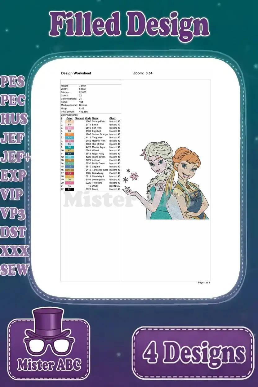 Design worksheet for Anna and Elsa side-by-side embroidery, detailing size, stitch count, and thread colors.