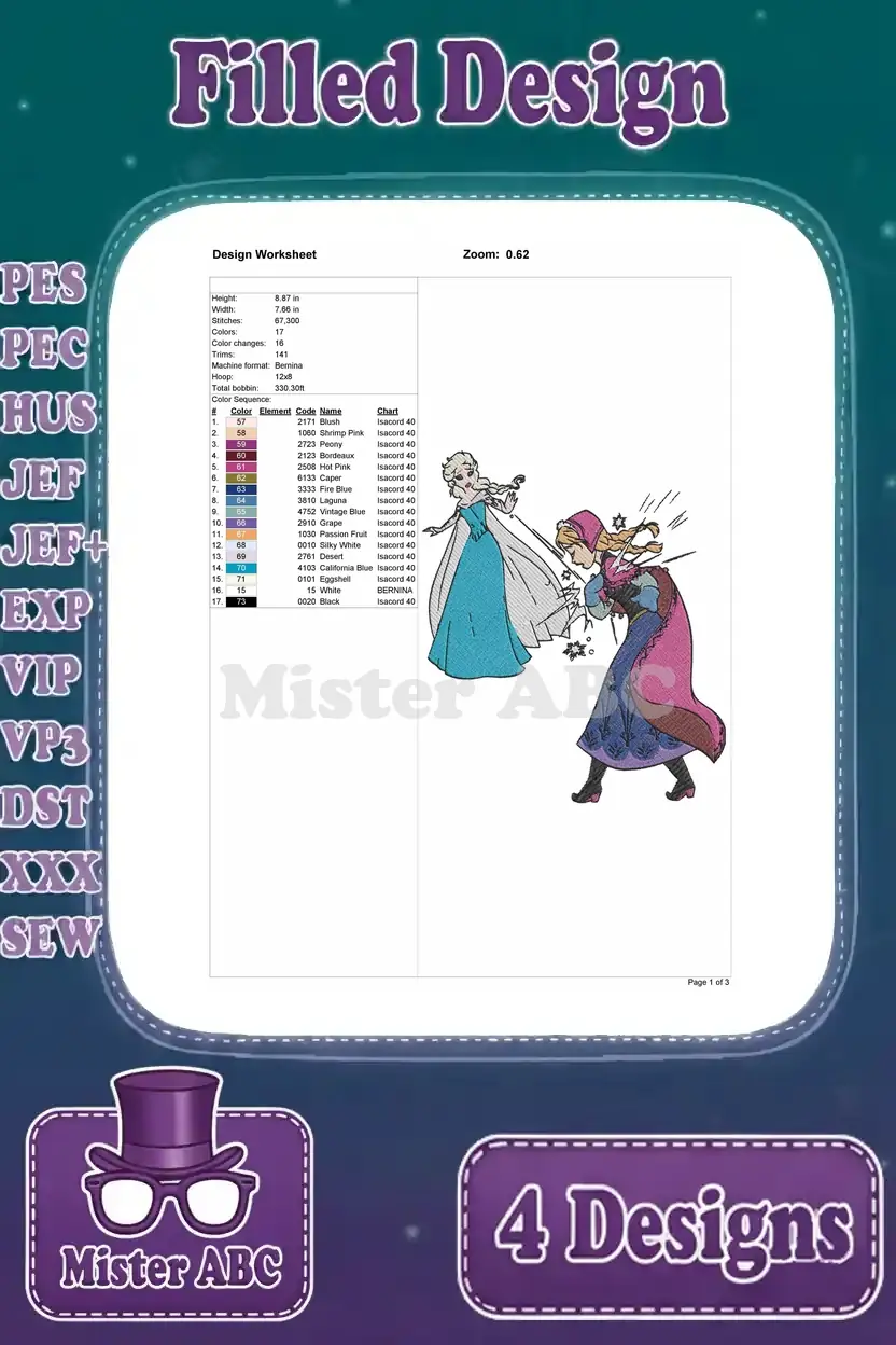 Detailed design worksheet for the dramatic Elsa and Anna embroidery design, showing thread colors and stitch counts.