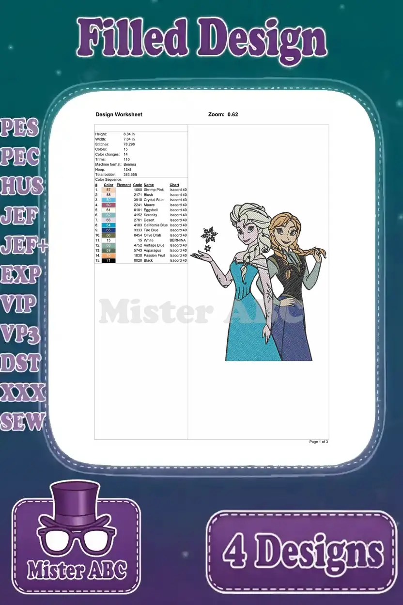 Design worksheet providing technical specifications for the elegant Elsa with snowflake and Anna embroidery design.