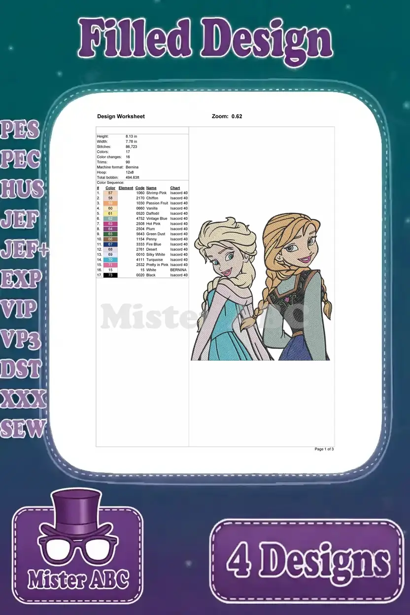 Design worksheet detailing the specifications for the charming Elsa and Anna 'looking back' embroidery design.