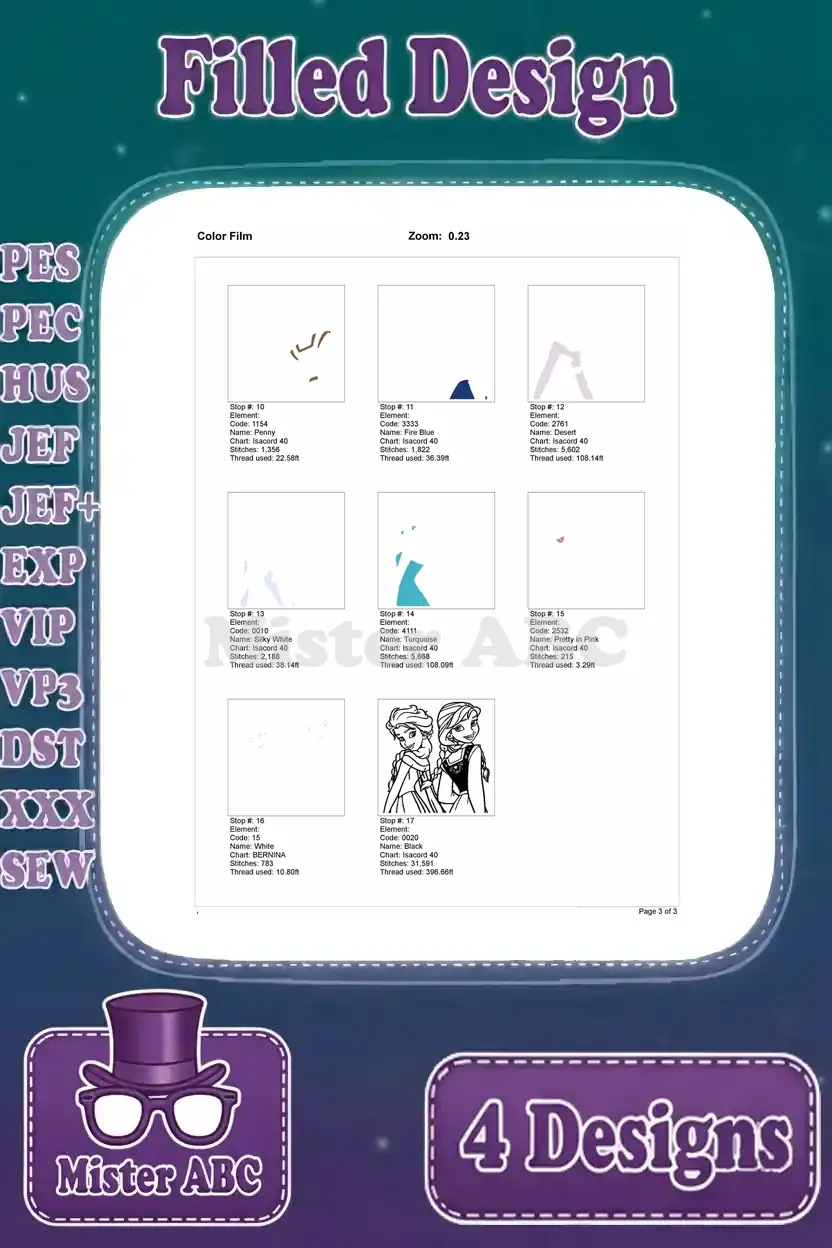 Final page of the color film for the Elsa and Anna 'looking back' embroidery design, showing last stitch steps.