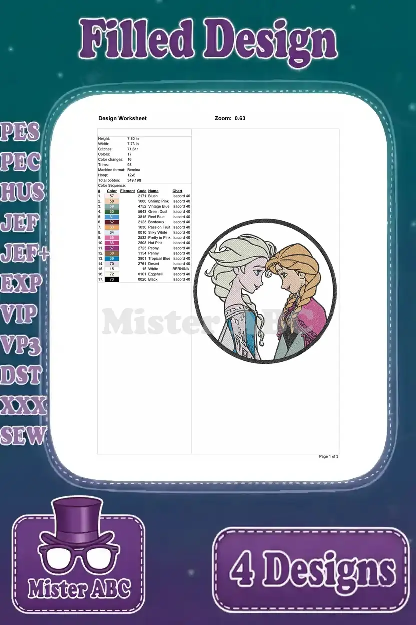 Design worksheet with technical details for the elegant circular Elsa and Anna portrait embroidery design.