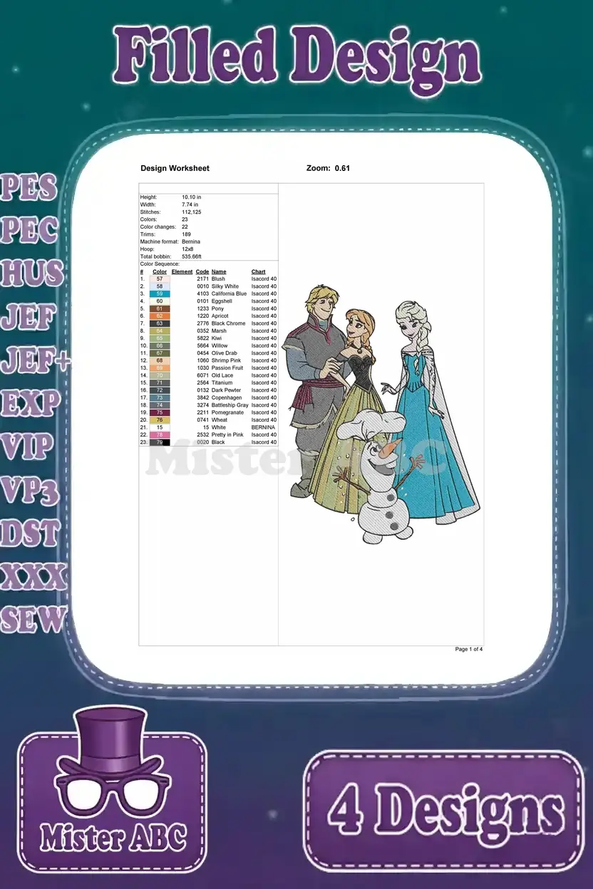 Detailed design worksheet for the first Frozen embroidery, showing Kristoff, Anna, Elsa, and Olaf with thread chart.