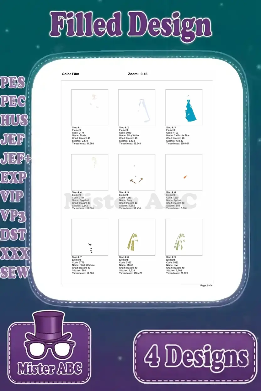 Color film page 2 for the Frozen family embroidery design, detailing thread changes and stitch sequences for complex areas.