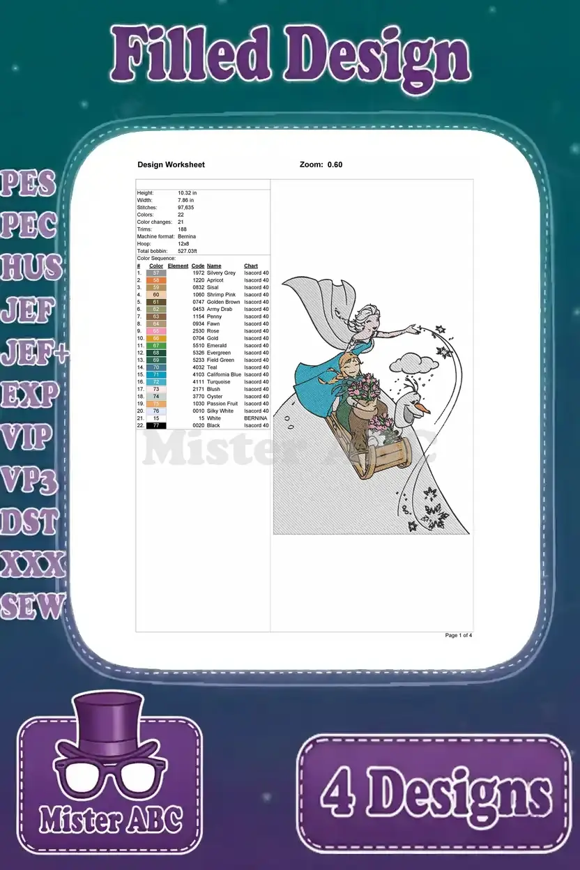 Detailed design worksheet for the second Frozen embroidery, featuring Elsa, Anna, and Olaf on a sleigh, with thread chart.