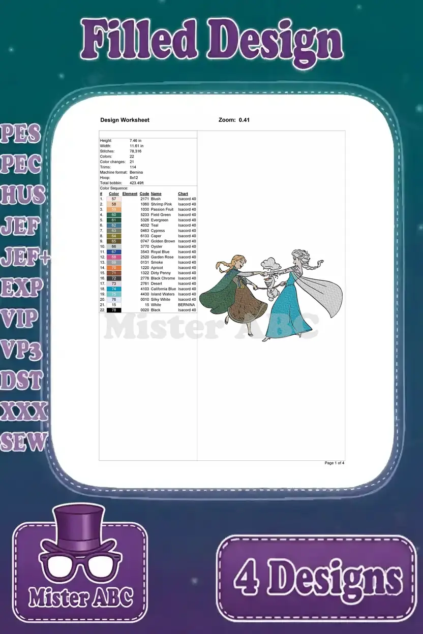 Detailed design worksheet for the third Frozen embroidery, featuring Anna and Elsa dancing, with thread chart.