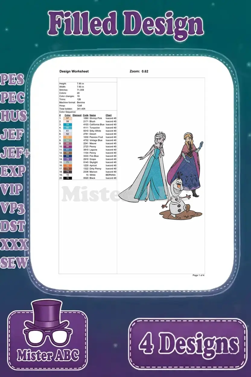 Detailed design worksheet for the fourth Frozen embroidery, featuring Elsa, Anna, and Olaf, with thread chart.