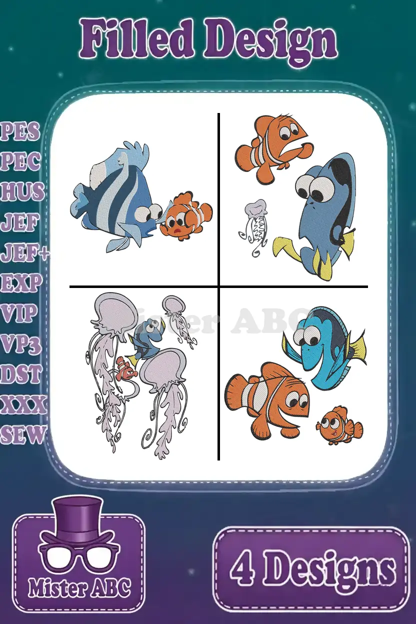 A vibrant collage of four filled embroidery designs featuring Dory, Nemo, Marlin, and Squirt from Finding Nemo, ready for your projects.