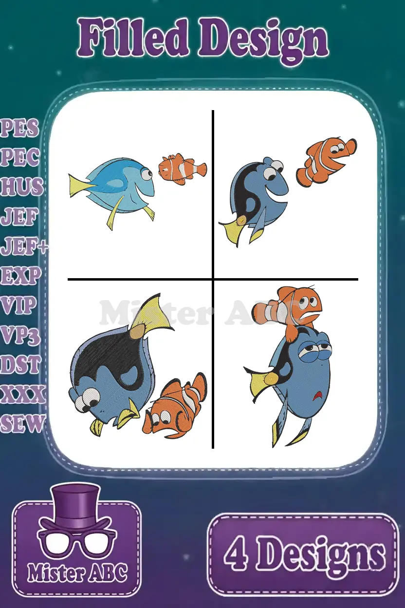 Vibrant Dory and Nemo embroidery bundle, showcasing four unique filled designs perfect for aquatic themes and Disney fans.