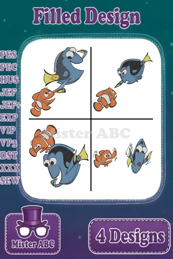 A vibrant collection of four filled embroidery designs featuring Dory and Nemo in various playful poses. Perfect for adding a touch of ocean magic.