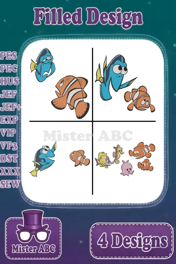 A vibrant bundle of four filled embroidery designs featuring Dory, Nemo, and their ocean friends in various poses.