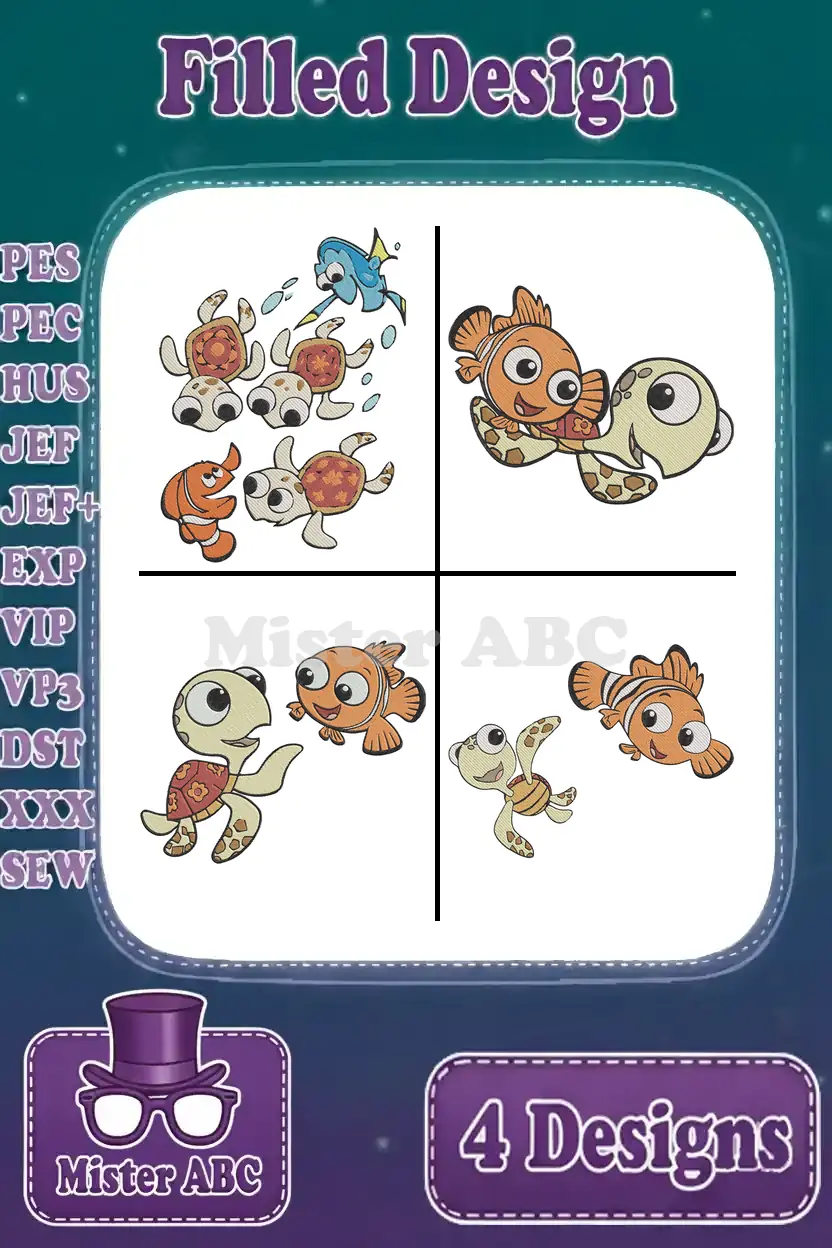 A vibrant embroidery bundle featuring 4 filled designs of Nemo, Dory, and sea turtles, ready for various formats.