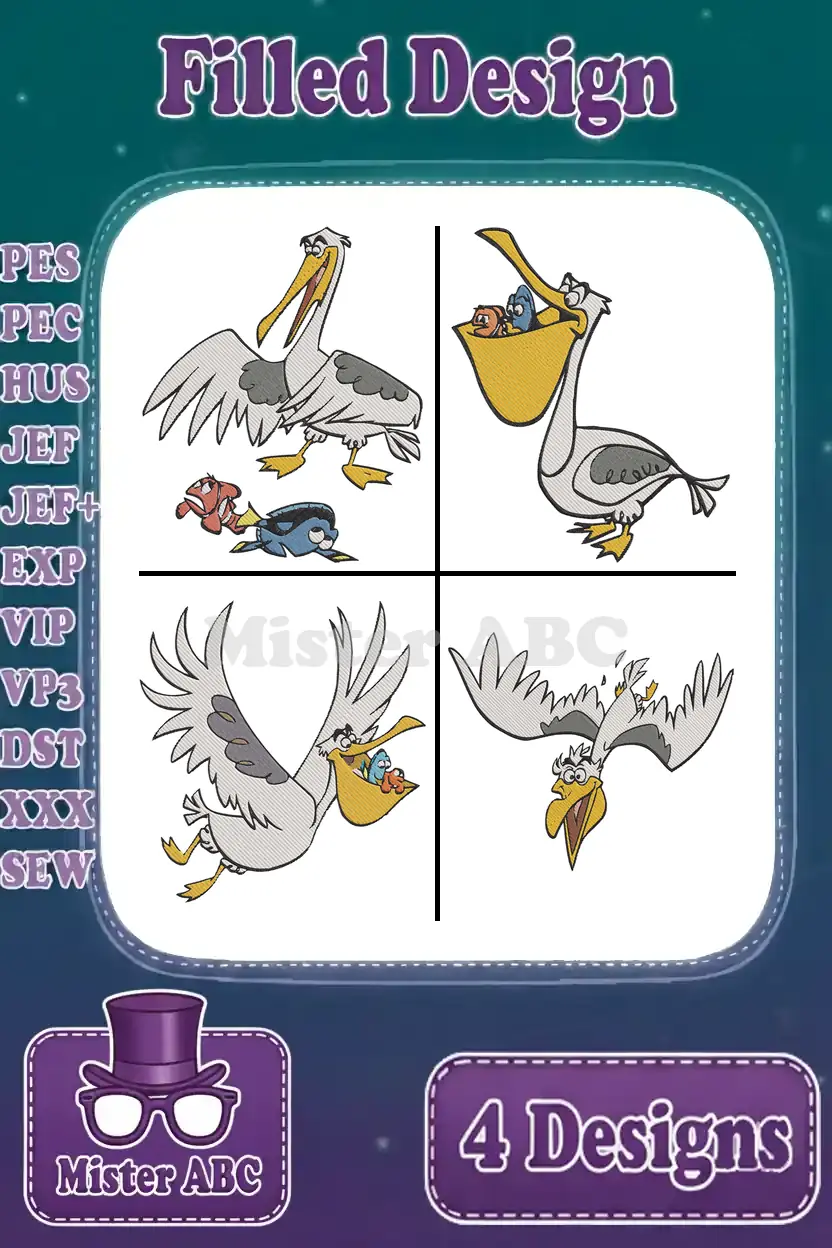 A vibrant embroidery bundle featuring four filled designs of Gerald the pelican, Dory, and Marlin from Finding Dory.