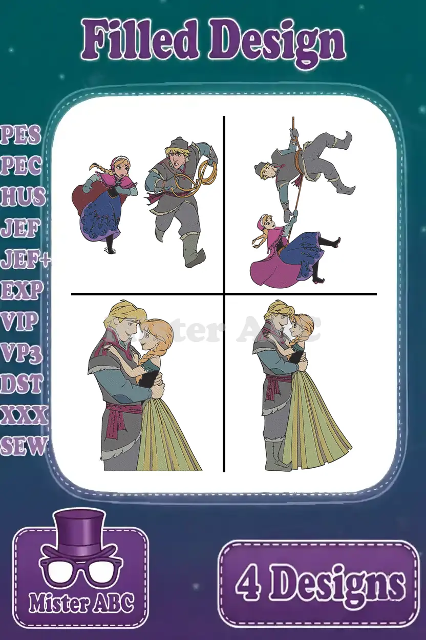 A vibrant collage showcasing four distinct filled embroidery designs of Anna and Kristoff from Frozen, ready for machine stitching.