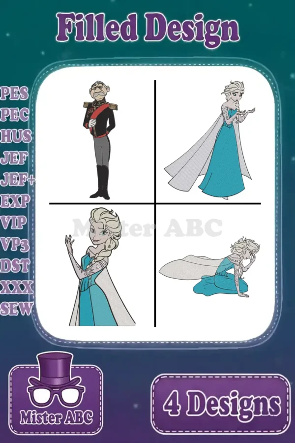Four filled embroidery designs featuring Elsa in three poses and the Duke of Weselton, showcasing diverse file formats.