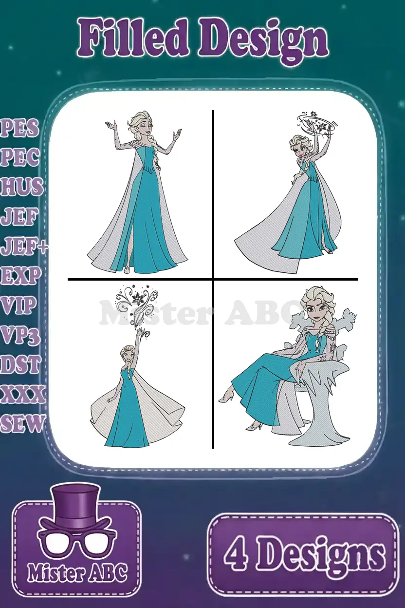 A vibrant collage of four filled Elsa embroidery designs, showcasing various poses and supported machine formats.