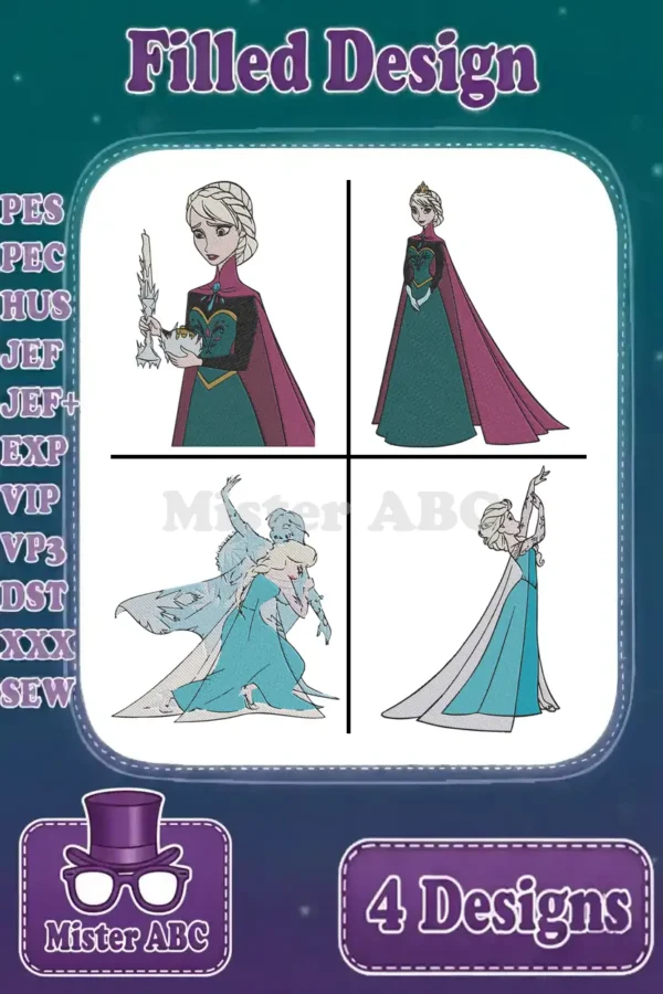 Four distinct Elsa from Frozen filled embroidery designs, showcasing various poses and styles, compatible with multiple machine formats.