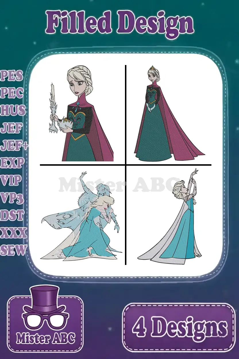 Four distinct Elsa from Frozen filled embroidery designs, showcasing various poses and styles, compatible with multiple machine formats.