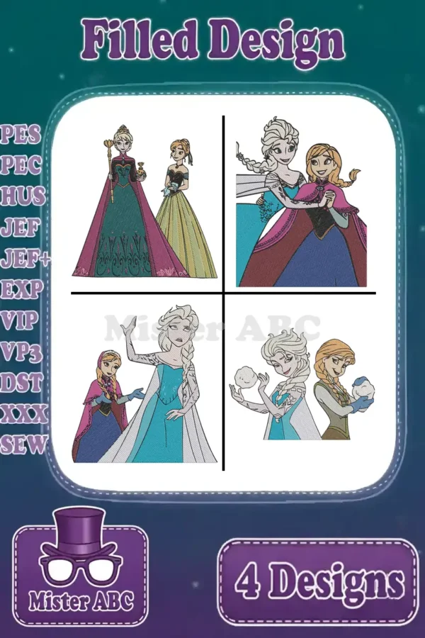 A vibrant collection of four filled embroidery designs featuring beloved Frozen characters, Elsa and Anna, in various poses.