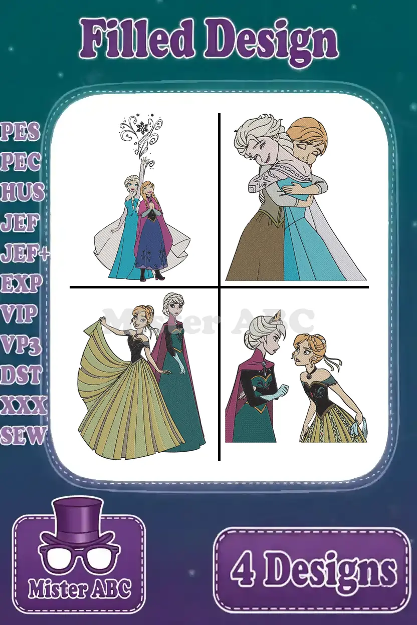 A vibrant compilation of four distinct Frozen-themed filled embroidery designs featuring Elsa and Anna. Ideal for fans.