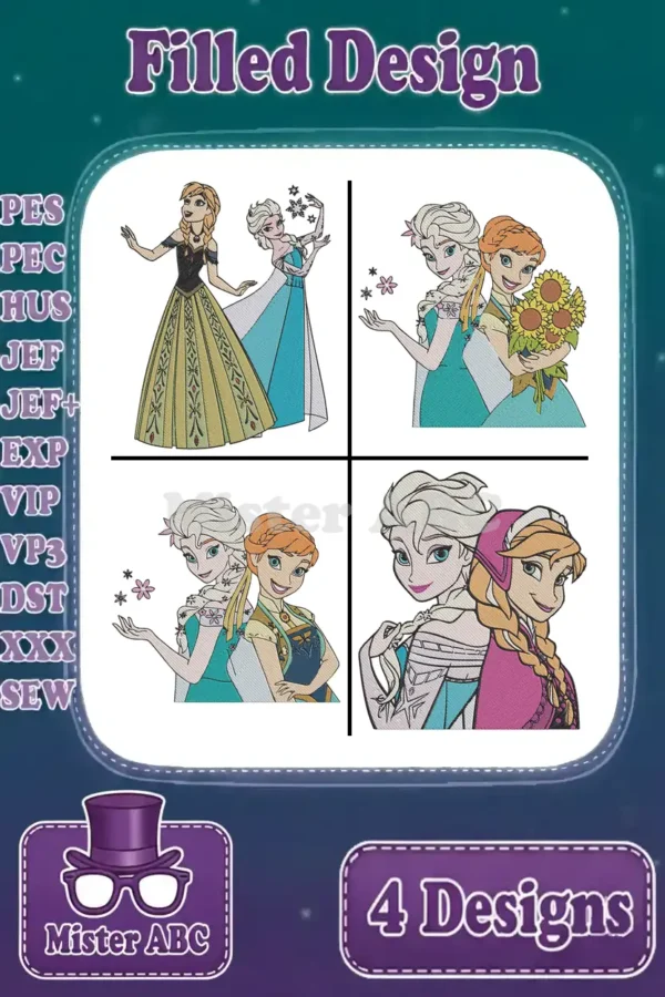 Four vibrant filled embroidery designs featuring Disney's Anna and Elsa in various enchanting poses, ready for crafting.
