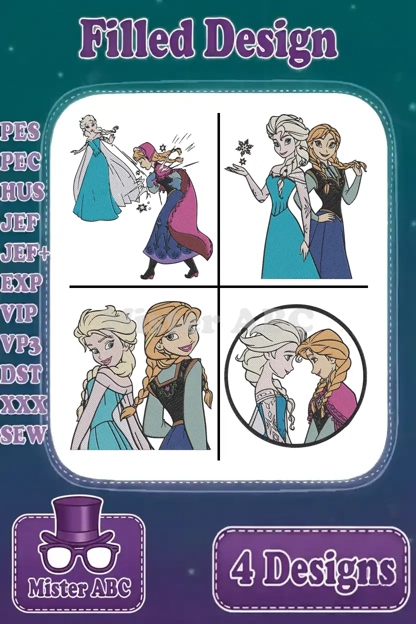 Main product image displaying four unique filled embroidery designs of Disney's Elsa and Anna from Frozen.