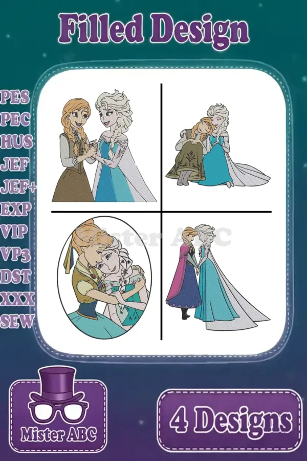 A comprehensive showcase of four filled embroidery designs featuring Anna and Elsa, highlighting various poses and available file formats.